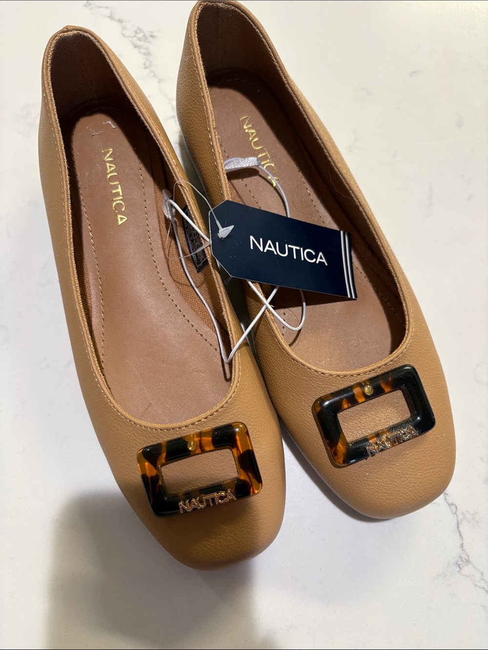 Nautica Women's Tan Ballet Flats with Tortoiseshell Buckle Accent